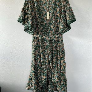 NWT Max Studio Ruffle Crepe Wrap Midi‎ Dress Green Floral Short Sleeve M